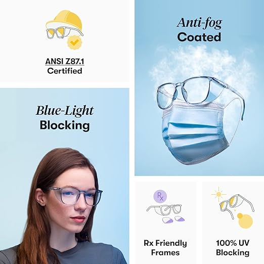 Stoggles Square Z87.1 Certified Polycarbonate Safety Glasses, Scratch & Shatter-Proof, Blue-Light & UV Blocking Lens, Top & Side Shields, Anti-Fog Dip Coated, Durable, Protective & Stylish Eyewear