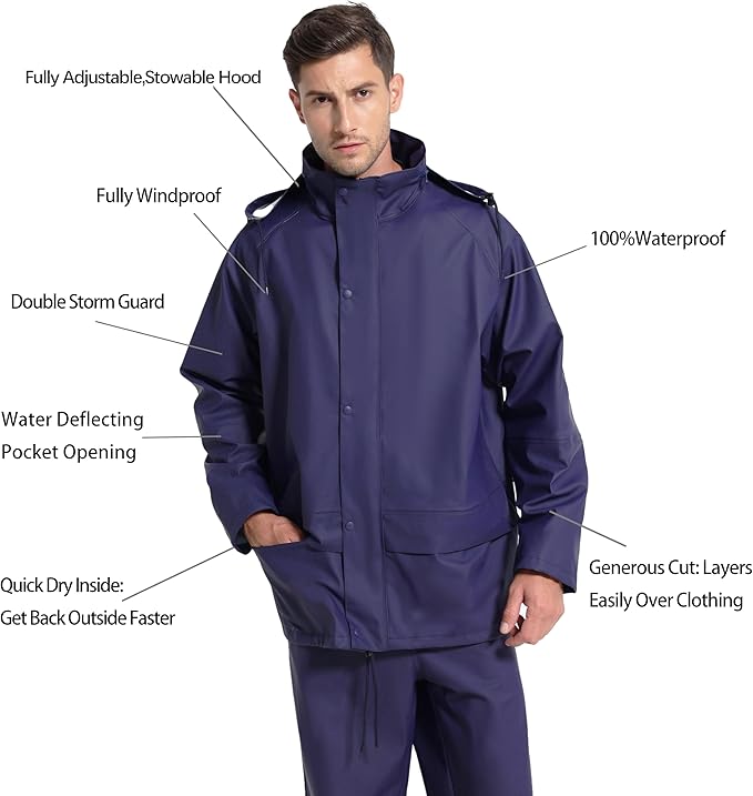 Men's Workwear PRO Rain Suit - Waterproof Jacket and Bib Pants 3-piece Set for Ultimate Safety and Comfort