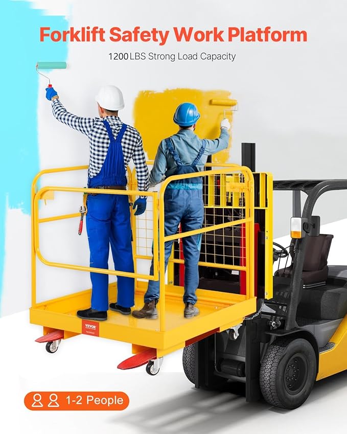 VEVOR Forklift Safety Cage, 36 x 36 Inches Foldable Forklift Work Platform of 1200 lbs Load Capacity with Lockable Swivel Wheels, Drain Hole & Device Chain, Holds 1 to 2 Adults, Ideal for Aerial Work