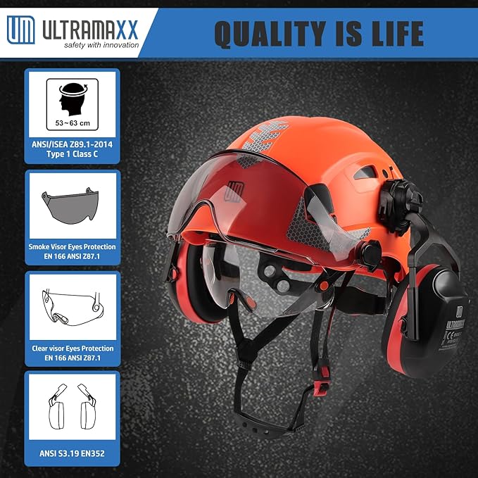 Safety Helmet with Built-in Visor Ear Muffs Kits, Hard Hat with Vented Design, ANSI Z89.1 Certified, Ideal for Industrial and Construction