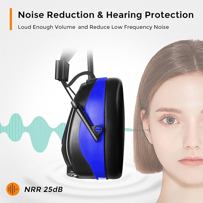 AM/FM Bluetooth Radio Headphones 25dB NRR,Noise Reduction Safety Earmuffs,Digital Display Headset,Built-in Mic,Rechargetable Ear Hearing Protection for Walkman Mowing,Lawn,Work(Blue)