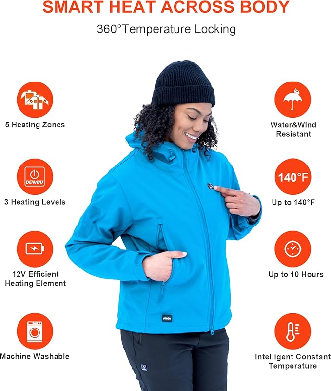 DEWBU Heated Jacket for Women with 12V Battery Pack Winter Outdoor Soft Shell Electric Heating Coat
