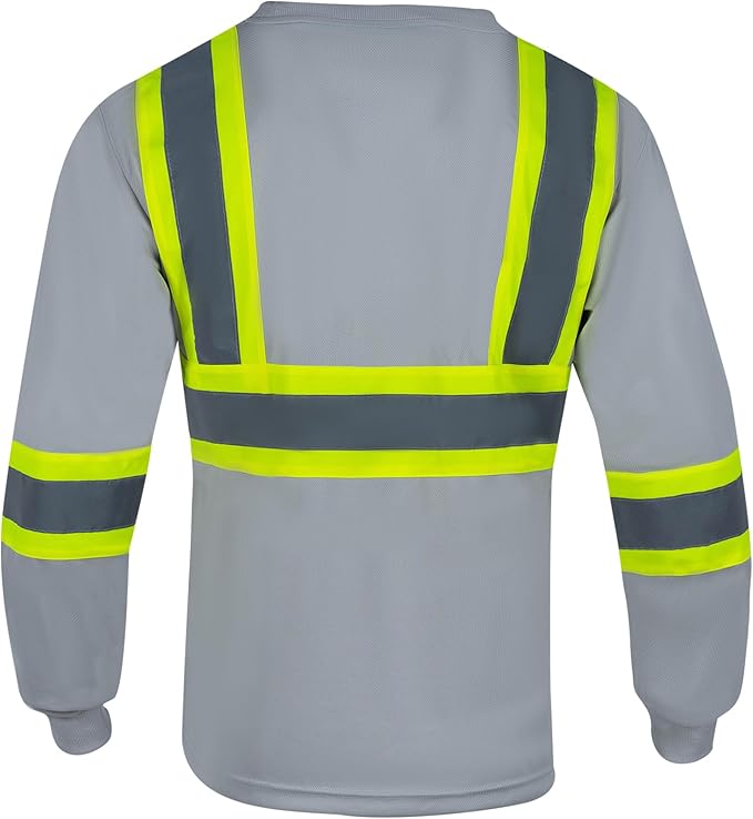 VENDACE Men's High Vis Safety Work T Shirt ANSI Class 1 Reflective Long Sleeve Shirt with Pocket(Grey,2XL)