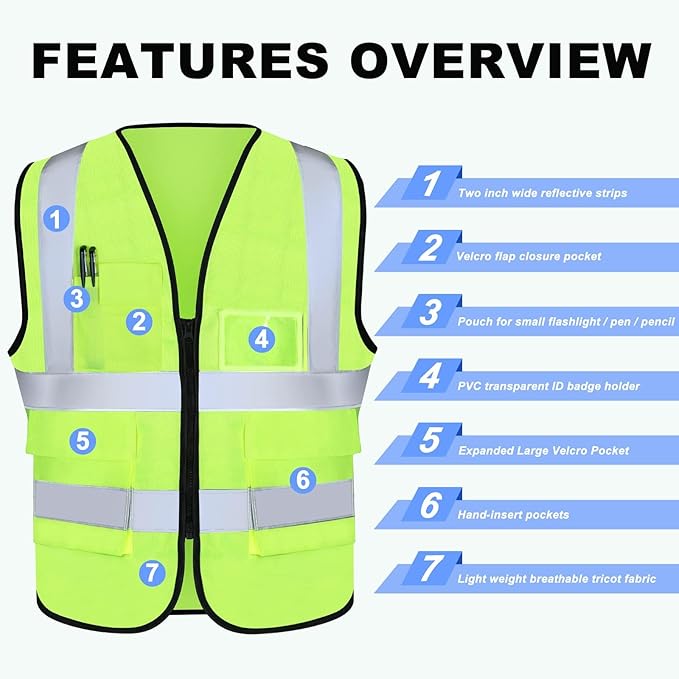 XPCARE 2-Pack Reflective Safety Vest For Women Men, Green High Visibility Security Vest Pockets and Zipper Front Neon Green Color(Medium)