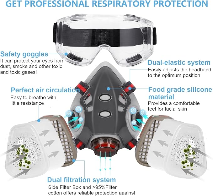 Respirator Mask with Filters, Reusable Half Face Cover Gas Mask with Safety Glasses Professional Breathing Protection Against Painting/Chemicals /Organic Vapors Perfect for Painters and DIY Project