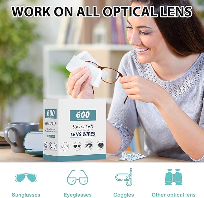 600 Count Lens Wipes for Eyeglasses, Eyeglass Lens Cleaning Wipes Pre-moistened Individually Wrapped Sracth-Free Streak-Free Eye Glasses Cleaner Wipes for Sunglass, Camera Lens, Goggles