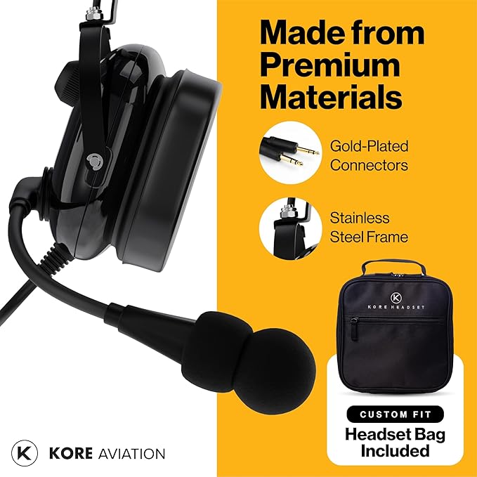 KA-1 General Aviation Headset for Pilots - Mono and Stereo Compatibility, Passive Noise Reduction, Noise Canceling Microphone, Gel Ear Seals, Adjustable Headband & Headset Bag