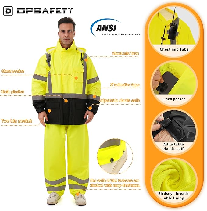 Hi Vis Safety rain Jacket，Reflective Class 3 Rain coat with Inner Mesh Lining and Pockets High Visibility Waterproof work Rain Suits for men&women（Lime,LG/XL）