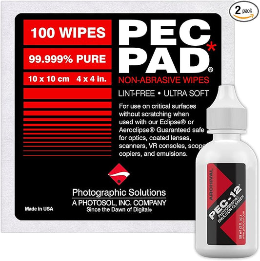 PEC-12 Photographic Emulsion Cleaner Kit and PEC-PAD Lint Free Non-Abrasive Wipes 4"x4" 100 Sheets per/Pkg - for Cleaning Film, Photo Negative, B&W Slide - Dropper Tip (59ml) 2oz