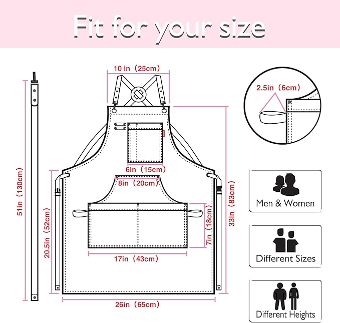 Kitchen Apron, Work Apron, Canvas, Multiple Pockets, Gardening, Painting, BBQ, Artist, Carpenter, Sizes M to XXL, Pink