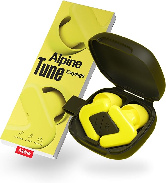 Alpine Tune Earplugs, Concert Ear Plugs for Noise Reduction, High Fidelity Music Quality, 19dB Hearing Protection with Crystal Clear Sound, Incl. 4 Sizes, For Parties, Raves, Festivals & Clubs, Yellow