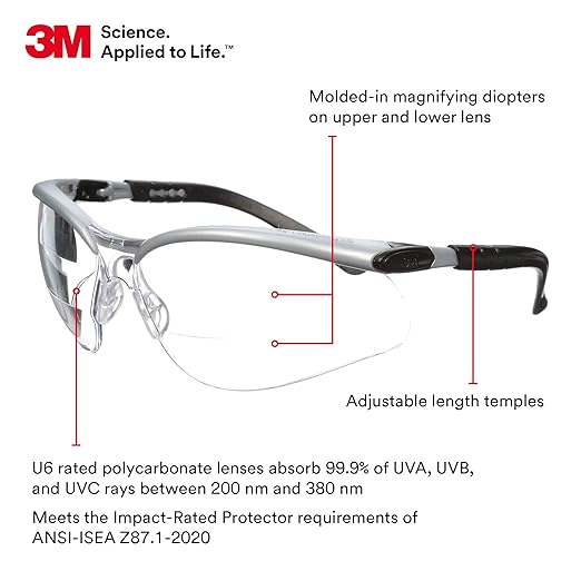 3M Safety Glasses, BX Dual Readers, +1.5, ANSI Z87, Anti-Fog Clear Lens, Gray/Black Frame, Adjustable Length Temples and Lens Angle