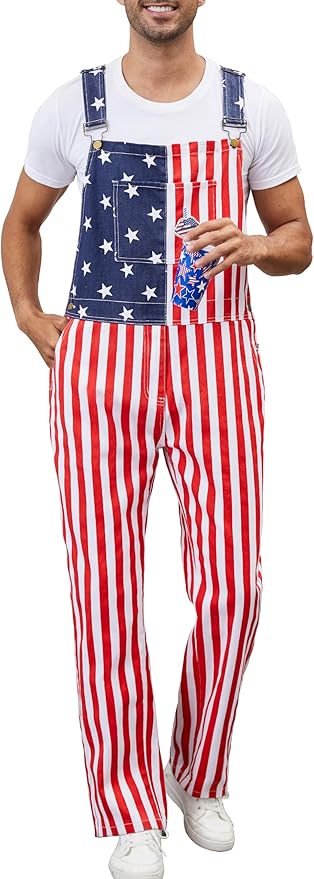 Men's American Flag Bib Overalls with Zipper Denim Romper Adjustable Straps USA Onesie 4th of July Jumpsuit