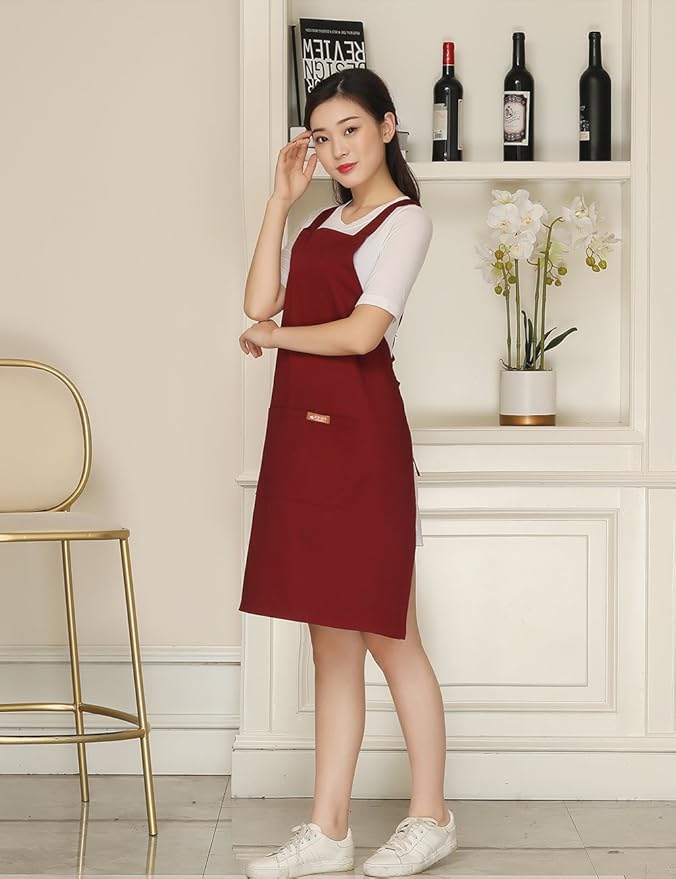 NEWGEM Adjustable Painting Apron with 2 Pockets Cotton for Cobbler,Adult,Butcher,Hairstylist Fits for Grill,bbq,Paint Cross Red wine