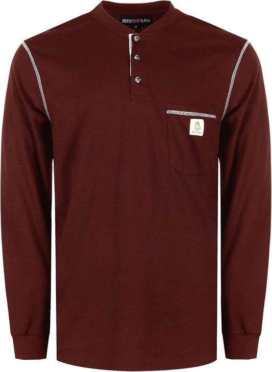 BOCOMAL FR Shirts for Men 5.5oz Lightweight Long Sleeve Work Henley Fire Resistant Shirt CAT2