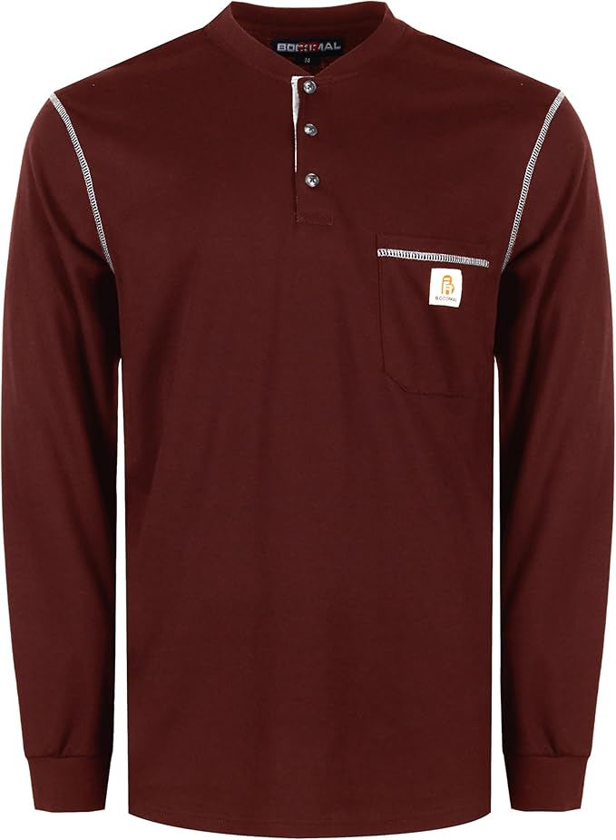 BOCOMAL FR Shirts for Men 5.5oz Lightweight Long Sleeve Work Henley Fire Resistant Shirt CAT2