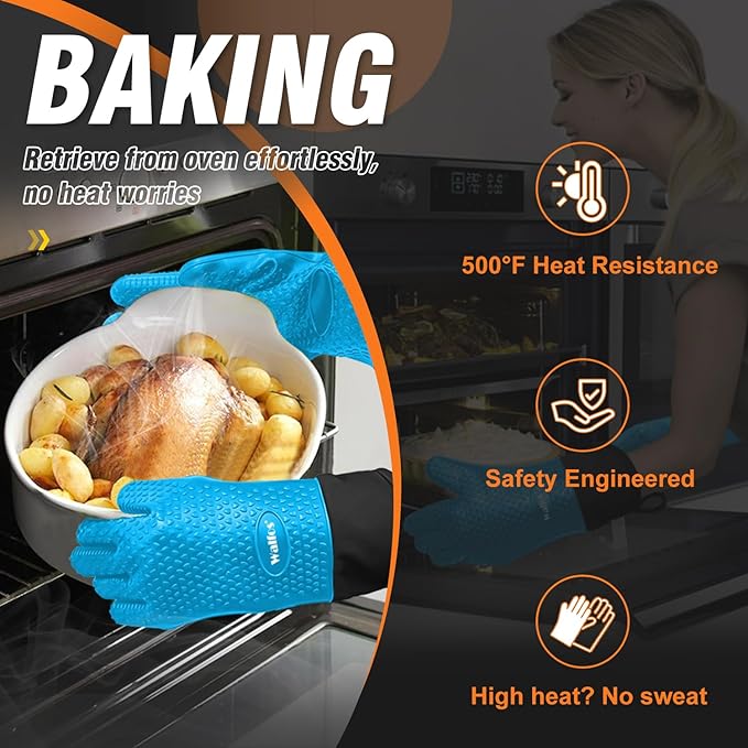 Walfos Silicone BBQ Gloves - Heat Resistant Grilling Gloves, Premium Non-Slip Kitchen Silicone Oven Mitt with Protective Cotton Layer Inside, Waterproof, Great for Grilling, Kitchen and Cooking, Blue