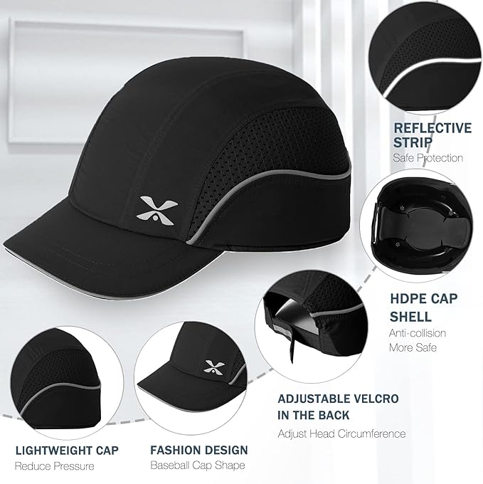 Lightweight Safety Bump Cap - Breathable Baseball Style Protective Hat with Reflective Stripes