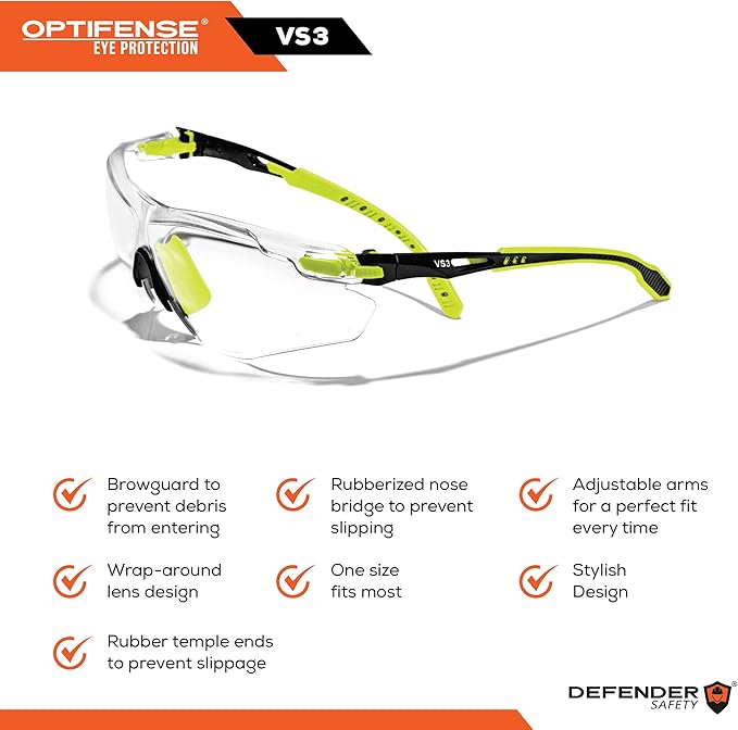 OPTIFENSE™ VS3 Anti Fog, Premium CLEAR/TINTED Safety Glasses, ANSI Z87+ (Click for frame/lens option)