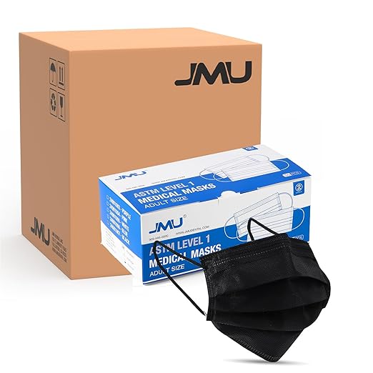 JMU 2000pcs Disposable Face Masks Black, ASTM Level 1, 3-ply Protection Medical Masks (40 Boxes of 50pcs)