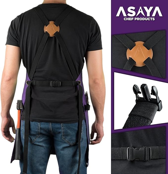 Asaya Chef and BBQ Apron with Bottle Opener and Hand Towel - 10oz Cotton Canvas, Stainless Steel Hardware - Cross Back Straps