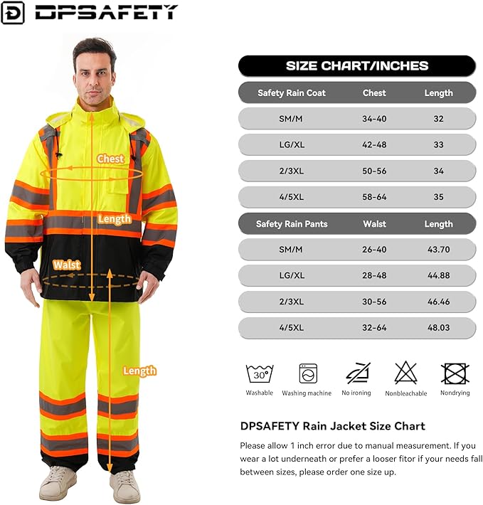 Hi Vis Safety rain Jacket，Reflective Class 3 Rain coat with Inner Mesh Lining and Pockets High Visibility Waterproof work Rain Suits for men&women（Yellow,4XL/5XL）
