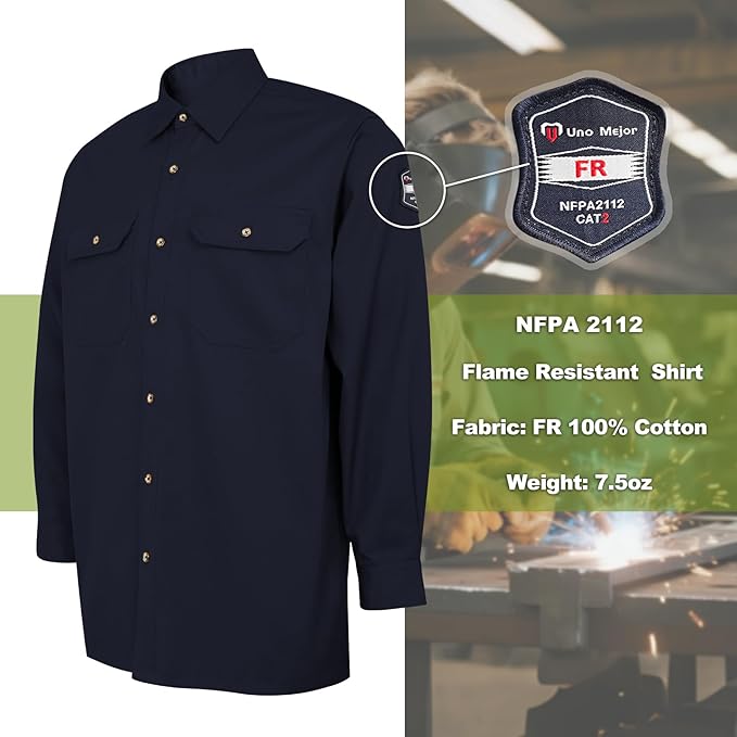 FR Shirts for Men 7.5oz Welding Shirt, 100% C Flame Resistant Welding Jacket, Men's Fire Retardant FR Clothing for Men, Durable Welding Gear for Safety Work, Meets NFPA2112, Navy-ZRND XL