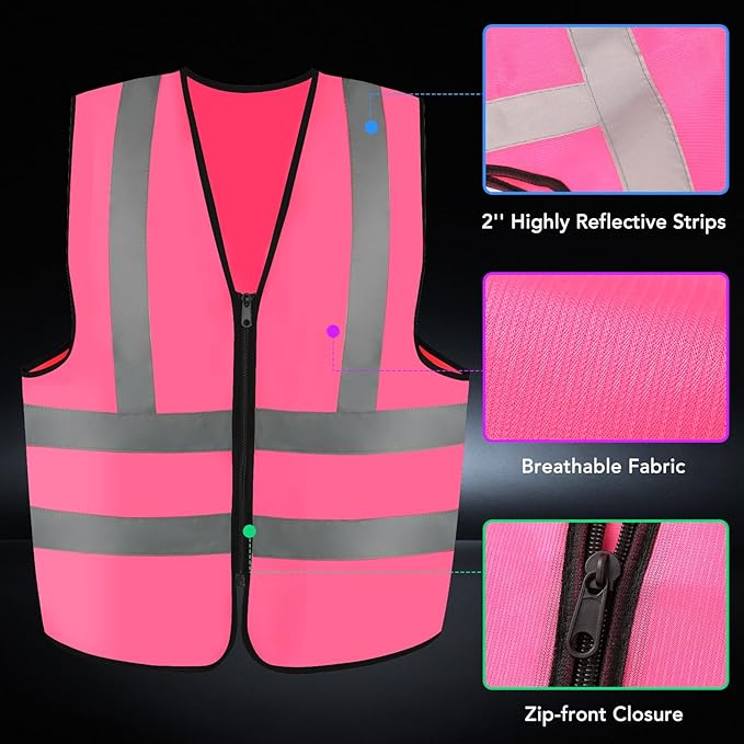 3-Pack Reflective Safety Vest For Women Men - High-Visibility Safety Vest with 2in Reflective Strips for Emergency, Construction, and Safety Use-Pink XXL