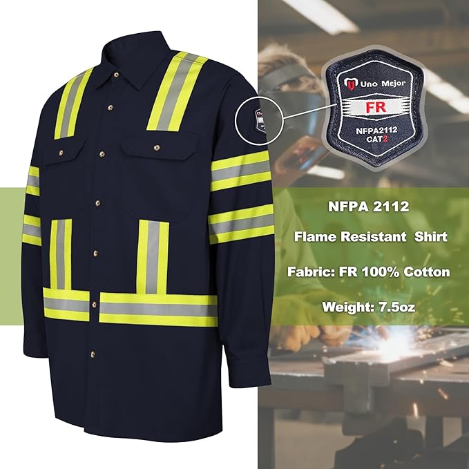 FR Shirts for Men 7.5oz Welding Shirt, 100% C Hi Vis Flame Resistant Welding Jacket, Men's Fire Retardant FR Clothing for Men, Durable Work Welding Gear, Meets NFPA2112, Navy-ZRWD 5XL