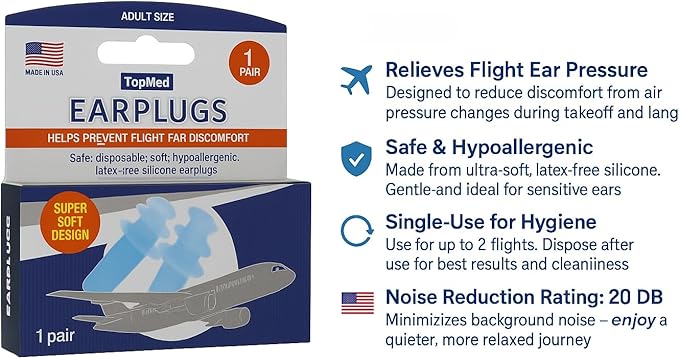 Ear Plugs Super Soft Comfortable, Helps Prevent Flight Ear Discomfort Safe Disposable Soft Latex Free Silicone Earplugs (Adult)