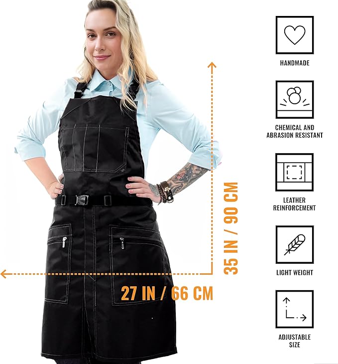 Under NY Sky Cross-Back Barber Black Apron – Heavy-Duty Nylon, Water and Chemical Resistant, Zipped Pockets, No-Tie, Split-Leg – Adjustable for Men, Women – Pro Hair Stylist, Salon, Colorist, Artist