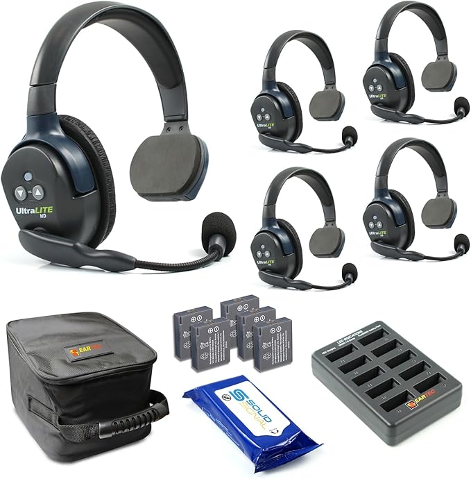 Eartec UL5S Ultralite Full Duplex Wireless Headset Communication for 5 Users - 5 Single Ear Headsets with SolidSignal Cleaning Wipes Bundle