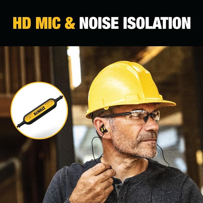 DEWALT Heavy Duty Neckband Bluetooth Earbuds, Wireless Bluetooth 5.2 Headphones w/Microphone, Lightweight Comfort, IP56 Waterproof, Deep Bass Strong Beat, 20H Playtime, Jobsite Behind-Neck Earphones