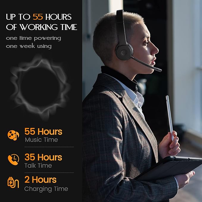 EKSA Wireless Headset, Bluetooth 5.2 Headset with Noise Cancelling Microphone & USB Dongle, 55H Playtime On Ear Headphone for Home Office, Remote Work, Call Center, Suitable for Phone PC Laptop Tablet