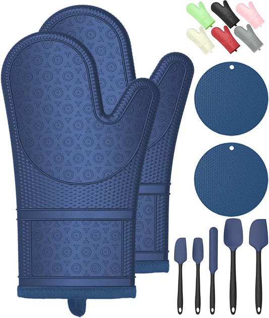 Oven Mitts with Heat-Resistant Hot Pads and Five Silicone Spatulas Designed for Kitchen Baking Cooking, Oven Glove Soft Cotton Lining, Waterproof, BPA-Free (Dark Blue, 12.6)
