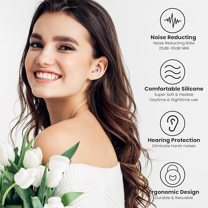 Earplugs for Sleeping & Noise Reduction - Soft Silicone Earplugs with 7 Pairs Ear Tips & One Connection Cord, Hearing Protection for Sleeping, Concerts, Work & Sound Reduction 25dB-30db