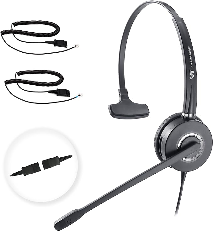 VT Telephone-Headset Microphone Noise-Cancelling Headphone QD - Quick Disconnect Call Center Headset with RJ09 Cables Compatible with Polycom,Yealink,Grandstream,Snom,Fanvil,Mitel Phones (Mono)