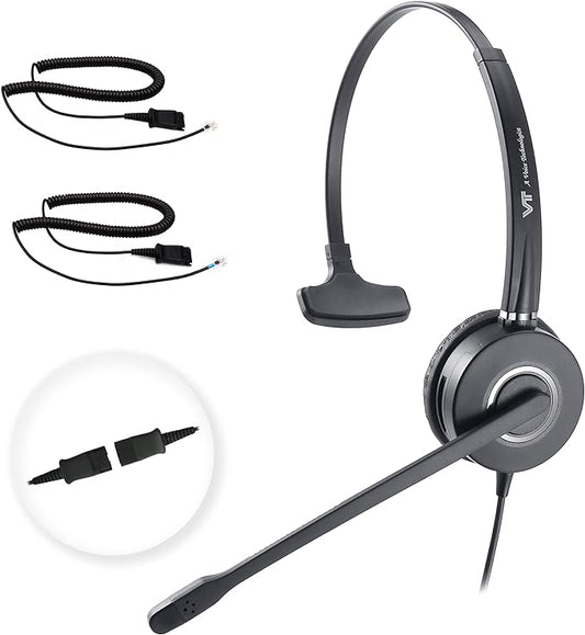 VT Telephone-Headset Microphone Noise-Cancelling Headphone QD - Quick Disconnect Call Center Headset with RJ09 Cables Compatible with Polycom,Yealink,Grandstream,Snom,Fanvil,Mitel Phones (Mono)