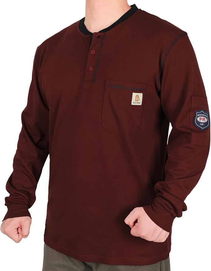 BOCOMAL FR Shirts for Men CAT2 5.5oz Long Sleeve Henley Workwear Flame Resistant Fire Retardant Shirt