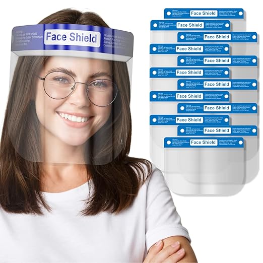 Face Shield | 10 Pack | Clear Plastic Face Shields for Women, Men & Kids, Anti-Fog, Lightweight Reusable Face Shield Mask, Safety Visor Cover with Comfortable Sponge & Elastic Band