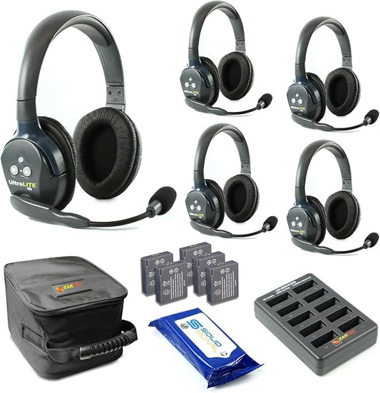 Eartec UL5D Ultralite Full Duplex Wireless Headset Communication for 5 Users - 5 Dual Ear Headsets with SolidSignal Cleaning Wipes Bundle