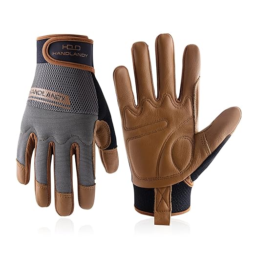HANDLANDY Leather Work Gloves Mens & Women, Utility Safety Mechanic Working Gloves Touch Screen, Flexible Breathable Yard Work Gloves (XL, Brown-Cowhide Palm)