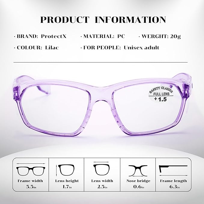 ProtectX Stylish Anti-Fog & Scratch-Resistant Safety Glasses With Readers, UV Protection Goggles, Anti-Impact Lightweight Glasses for Men＆Women Lilac Reading 1.5-2 Pack