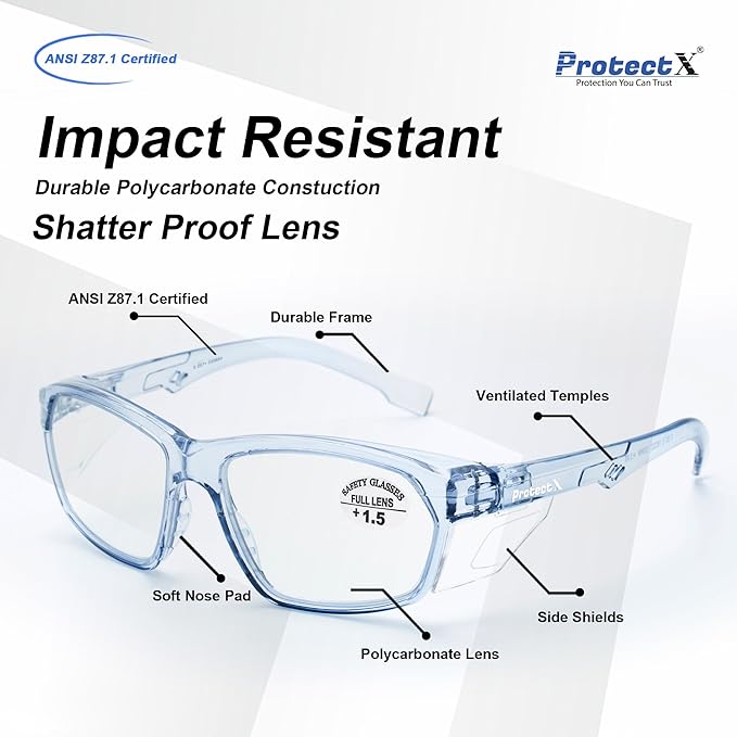 ProtectX Stylish Anti-Fog & Scratch-Resistant Safety Glasses With Readers, UV Protection Goggles, Anti-Impact Lightweight Glasses for Men＆Women 1.5-2 Pack,Blue