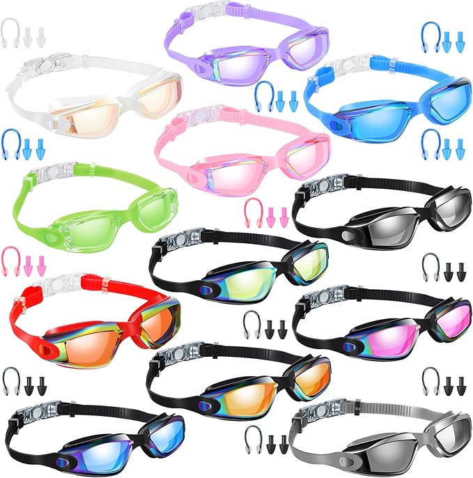 Flutesan 12 Pack Swim Goggles for Adult Kids Anti Fog Swimming Glasses with 12 Ear Plugs Nose Clip No Leaking Full Protection