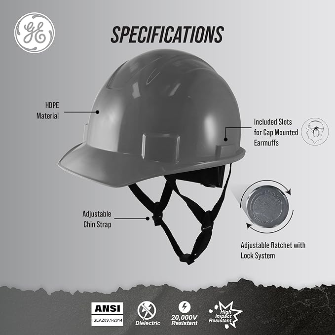 GE Cap Style Hard Hat, 4-Point Ratchet Suspension, Earmuff Slots, High Impact Resistant, Sweat-Wicking Sweatband, Meets ANSI Z89.1-2014, Comfortable, Durable, and Protective - Gray, Non-Vented