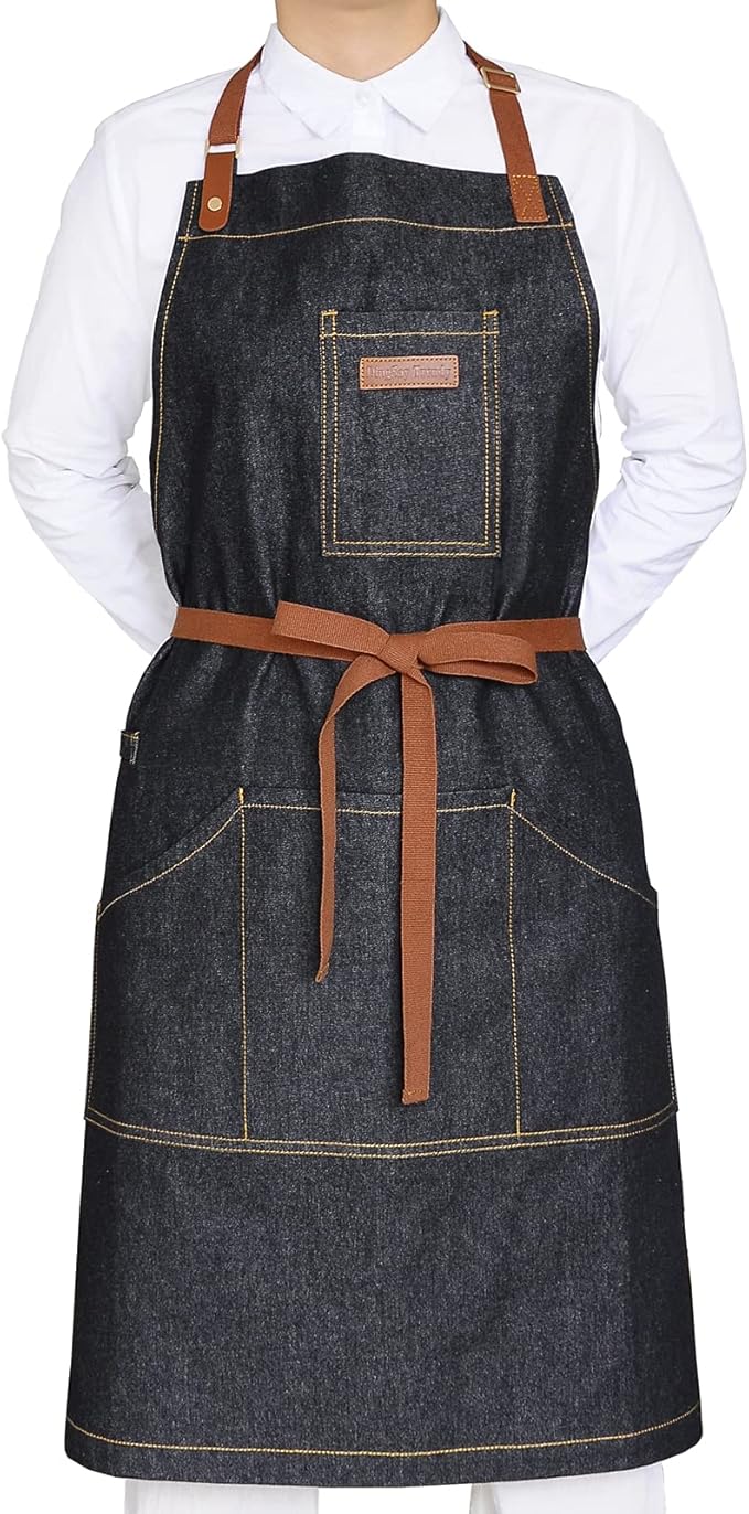 Denim Kitchen Apron with Pockets, Mens Womens Professional Chef Bib Apron for Cooking Grill BBQ Server