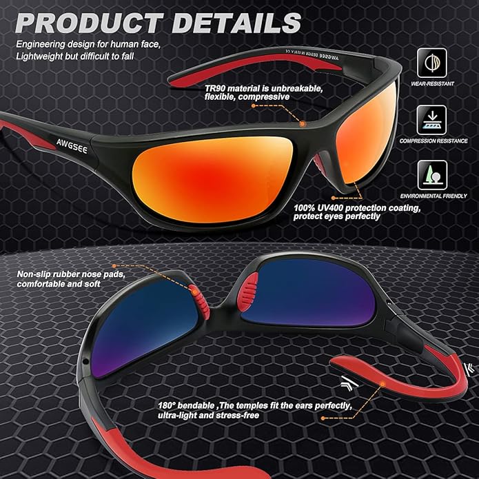 Polarized Sports Sunglasses for Men,TR90 Unbreakable Frame Sunglasses for Fishing Driving Cycling UV400 Protection