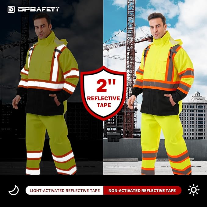 Hi Vis Safety rain Jacket，Reflective Class 3 Rain coat with Inner Mesh Lining and Pockets High Visibility Waterproof work Rain Suits for men&women（Yellow,LG/XL）