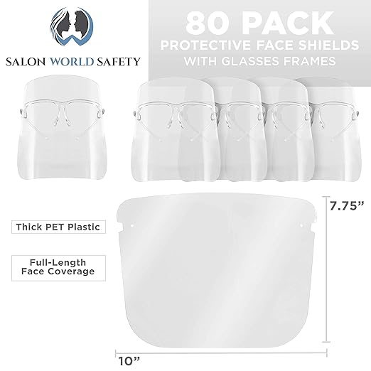 TCP Global Salon World Safety Face Shields with All Clear Glasses Frames (Case of 80) - Ultra Clear Protective Full Face Shields to Protect Eyes, Nose, Mouth - Anti-Fog PET Plastic, Goggles